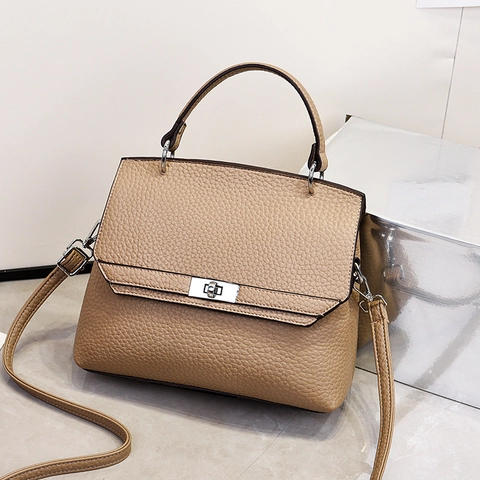 Women Elegant Litchi Texture PU Leather Handbag With Silver Twist Lock Top Handle Crossbody Shoulder Bag