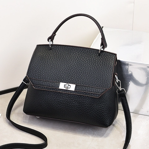 Women Elegant Litchi Texture PU Leather Handbag With Silver Twist Lock Top Handle Crossbody Shoulder Bag