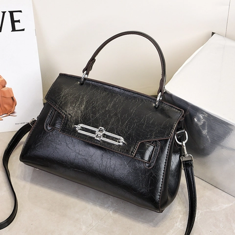 Retro Glossy PU Leather Women Handbag With Top Handle And Adjustable Shoulder Strap Vintage Flap Square Crossbody Bag