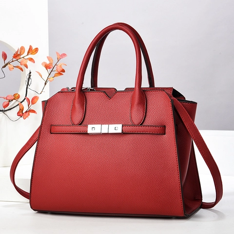 Women Handbag Litchi Pattern PU Leather Large Capacity Shoulder Tote Bag Silver Buckle Adjustable Strap Elegant Fashion