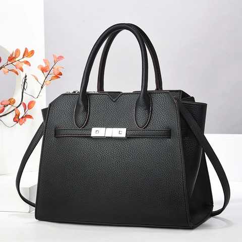 Women Handbag Litchi Pattern PU Leather Large Capacity Shoulder Tote Bag Silver Buckle Adjustable Strap Elegant Fashion