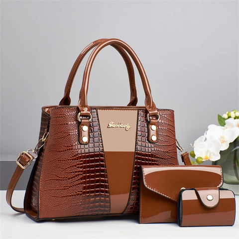 Borsa Tote Con Motivo Coccodrillo In Pelle PU Pochette E Porta Carte Grande Capacità Versatile Borsa A Tralla Lucida Per Donna