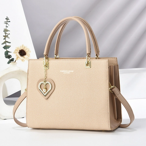 Bolso De Mano De Cuero PU De Moda Bolso De Bandolera Mujer Textura Sarga Con Colgante De Perla Artificial De Corazón Tote