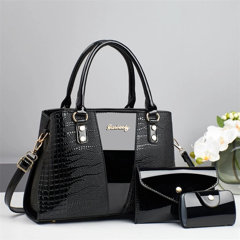 Borsa Tote Con Motivo Coccodrillo In Pelle PU Pochette E Porta Carte Grande Capacità Versatile Borsa A Tralla Lucida Per Donna