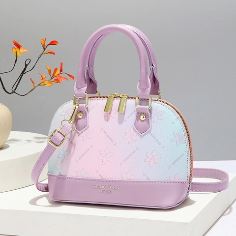 Elegant Shell Handbag Gradient Color Floral Print PU Leather Top Handle Crossbody Bag With Gold Hardware For Women
