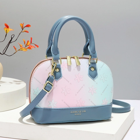 Elegant Shell Handbag Gradient Color Floral Print PU Leather Top Handle Crossbody Bag With Gold Hardware For Women