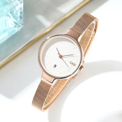 Women Quartz Watch Japanese Minimalist Alloy Case Stainless Steel Mesh Strap Calendar Date Waterproof Elegant Ladies
