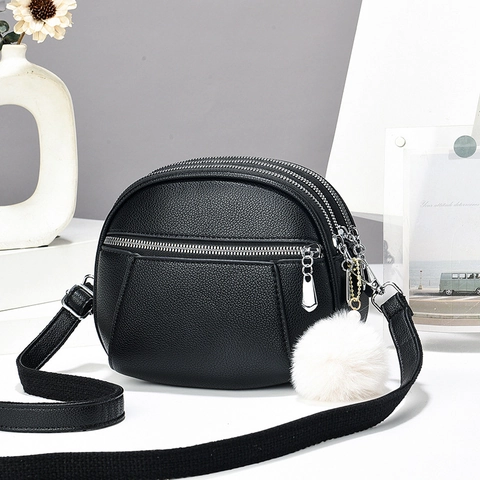 Sac Bandoulière Femme Cuir PU Texture Litchi Multi Compartiments Sac À Épaule Pour Téléphone Portable Pompon Mode