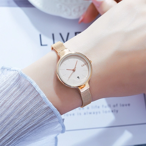 Women Quartz Watch Japanese Minimalist Alloy Case Stainless Steel Mesh Strap Calendar Date Waterproof Elegant Ladies