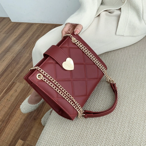 Bolso De Hombro Mujer Cuero PU Patrón Rombos Acolchado Cierre Corazón Dorado Cadena Elegante Bolso Vintage Cruzado