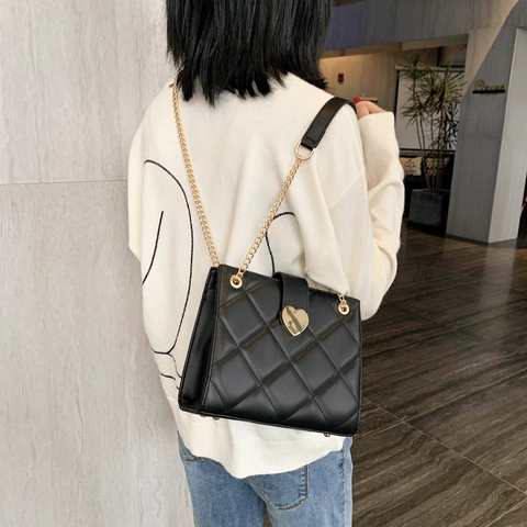 Bolso De Hombro Mujer Cuero PU Patrón Rombos Acolchado Cierre Corazón Dorado Cadena Elegante Bolso Vintage Cruzado