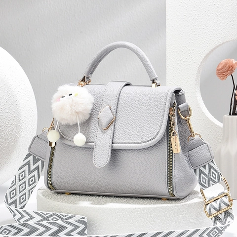 Schicke Französischer Stil Damen PU Leder Handtasche Kieselmaserung Klappdeckel Quadratische Umhängetasche Mit Geometrischem Gurt