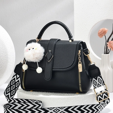 Women Shoulder Bag Pebbled PU Leather With Geometric Wide Strap And Fur Ball Charm Flap Crossbody Handbag Casual Style
