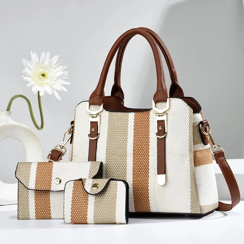 Borsa Tote E Pochette Portafoglio E Porta Carte Tela Intrecciata Pelle PU Righe Verticali Grande Capacità Tracolla