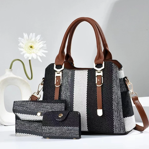 Women Stripe Woven Tote Bag Wallet And Card Holder Contrast Color PU Leather Shoulder Crossbody Bag Fashion Trendy