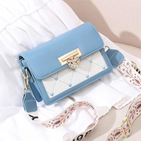 Women PU Leather Heart Quilted Crossbody Bag Floral Enamel Heart Lock Wide Printed Shoulder Strap Sweet Style