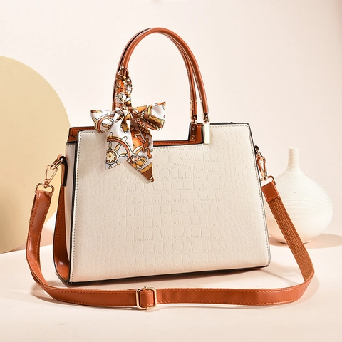 Sac À Main Pour Femme Gaufré Crocodile Élégant En Cuir PU Avec Décoration De Foulard En Satin Sac À Bandoulière Grande Capacité