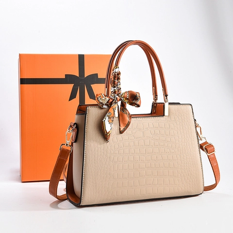 Sac À Main Pour Femme Gaufré Crocodile Élégant En Cuir PU Avec Décoration De Foulard En Satin Sac À Bandoulière Grande Capacité