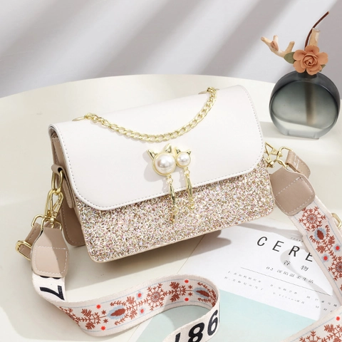 Bolso Bandolera Pequeño Cuadrado Mujer Cuero PU Lentejuelas Brillo Color Contraste Colgante Perla Artificial Gato Boho