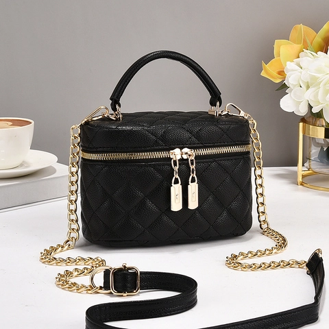 Quilted PU Leather Box Shoulder Bag For Women Elegant Minimalism Double Zipper Top Handle Gold Chain Strap Handbag