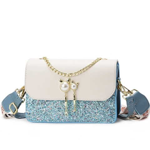 Damen Umhängetasche PU Leder Pailletten Glitzer Künstliche Perlen Katze Dekor Color Block Mit Breitem Besticktem Schultergurt