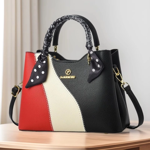 Women Patchwork Handbag PU Leather Litchi Texture Contrast Color Shoulder Bag With Scarf Decoration Elegant Tote