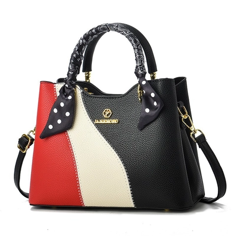 Women Patchwork Handbag PU Leather Litchi Texture Contrast Color Shoulder Bag With Scarf Decoration Elegant Tote
