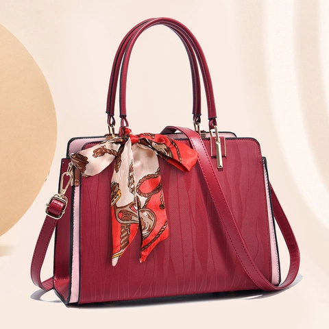Women Handbag PU Leather Wave Texture Scarf Decor Structured Color Block Top Handle Crossbody Elegant Fashion