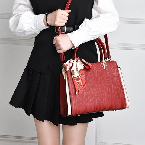 Women Handbag PU Leather Wave Texture Scarf Decor Structured Color Block Top Handle Crossbody Elegant Fashion