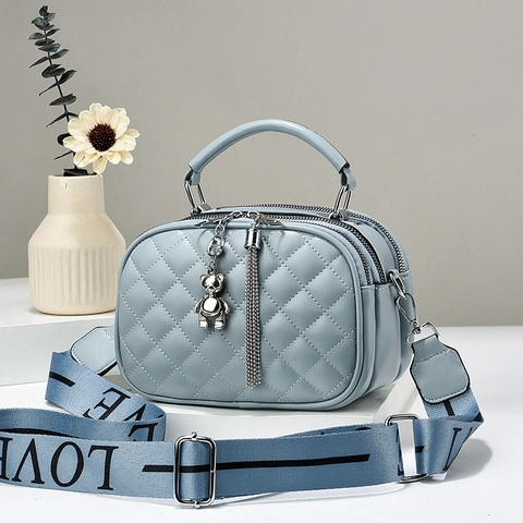 Quilted PU Leather Handbag Crossbody Bag Multi Layer Zipper Wide Strap Bear Pendant Tassel Chic For Women