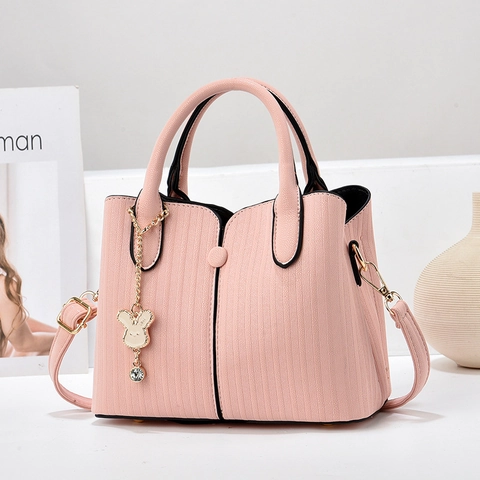 Bolso De Mano Para Mujer De Cuero PU Rayas Verticales Bandolera Con Colgante De Conejo Elegante Diario Oficina