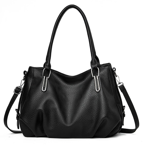 Women Handbag PU Leather Lychee Pattern Large Capacity Tote Shoulder Bag Pleated Design Soft Casual Commuter