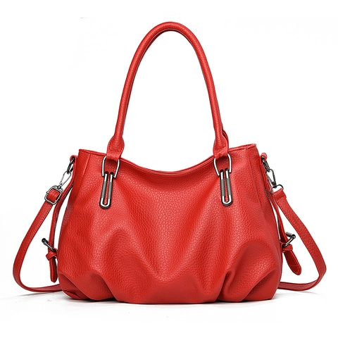 Women Handbag PU Leather Lychee Pattern Large Capacity Tote Shoulder Bag Pleated Design Soft Casual Commuter