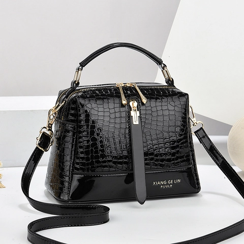 Alligator Pattern Glossy PU Leather Handbag Women Elegant Top Handle Shoulder Crossbody Bag With Golden Hardware