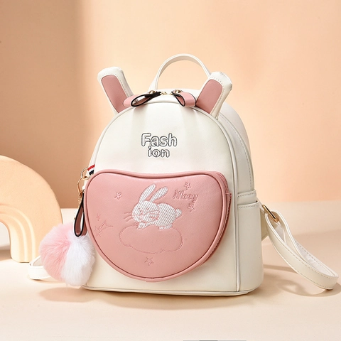 Cute Rabbit Ear Mini Backpack PU Leather Heart Pocket Embroidery Casual Travel Rucksack For Girls Teens With Plush Ball