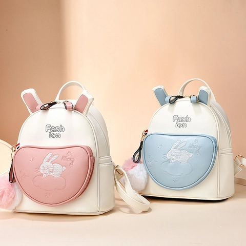 Cute Rabbit Ears Mini Backpack PU Leather Contrast Color Heart Pocket With Plush Ball Charm Embroidery Girls Fashion Casual Daypack