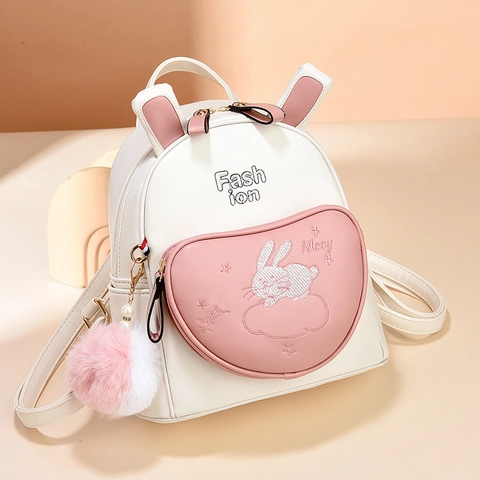 Cute Rabbit Ear Mini Backpack PU Leather Heart Pocket Embroidery Casual Travel Rucksack For Girls Teens With Plush Ball