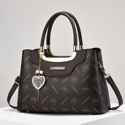Damen Handtasche PU Leder Buchstaben Print Monogramm Große Kapazität Umhängetasche Mit Herz Anhänger Vintage Trendig