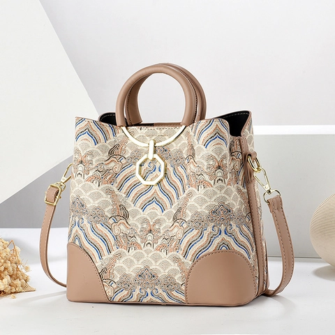 Sac Seau Femme Style Chinois Jacquard Cuir PU Grande Capacité Sac À Main Rétro Sac À Épaule Bandoulière