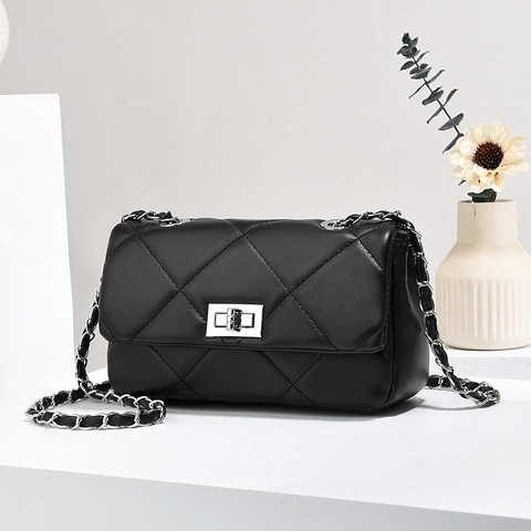 Mini Quilted Crossbody Bag For Women PU Leather Rhombic Pattern Silver Chain Strap Turn-lock Square Shoulder Purse