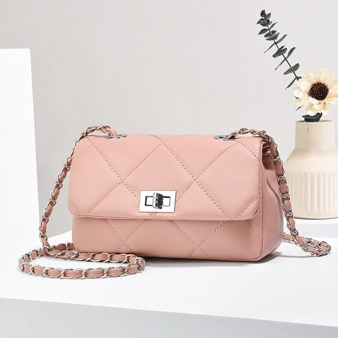 Borsa a Tracolla Trapuntata a Diamante Donna Ecopelle Catena Borsa a Tracolla Argento Chiusura a Girello Piccola Borsa Quadrata