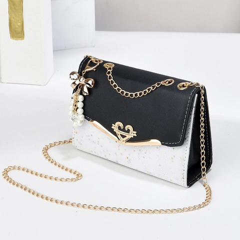 Borsa Tracolla Donna Pelle PU Paillettes Chiusura Cuore Catena Borsa Spalla Con Fiocco Perla Artificial Elegante Colore Contrasto