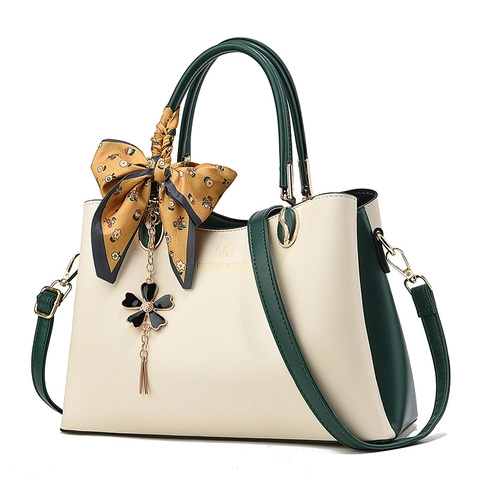 Bolso De Mano Para Mujer Cuero PU Bloque De Color Gran Capacidad Decoración Bufanda Colgante Floral Bolso De Hombro