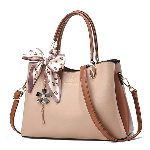 Bolso De Mano Para Mujer Cuero PU Bloque De Color Gran Capacidad Decoración Bufanda Colgante Floral Bolso De Hombro