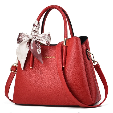Bolso De Mano Para Mujer De Cuero PU Con Textura De Lichi Bolso De Hombro Elegante Con Decoración De Bufanda De Satén