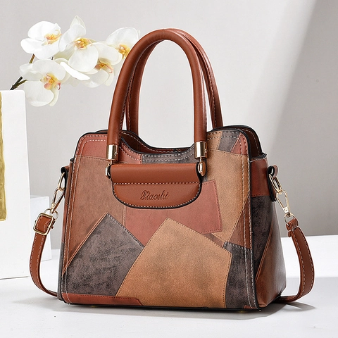 Bolso De Mano Patchwork Retro Para Mujer Bolso De Hombro Cuir PU Con Correa Desmontable Bolso Cruzado