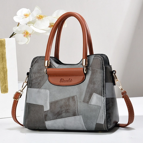 Bolso De Mano Patchwork Retro Para Mujer Bolso De Hombro Cuir PU Con Correa Desmontable Bolso Cruzado