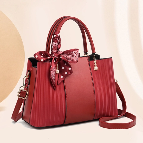 Borsa Da Donna Grande Capacità Pelle PU Trama Pieghettata Con Sciarpa Di Raso Pendente Di Perla Artificial Borsa A Tracolla Elegante