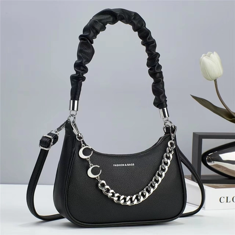 Women Lychee Texture PU Leather Hobo Bag With Ruched Handle Silver Moon Chain Pendant Chic Shoulder Bag