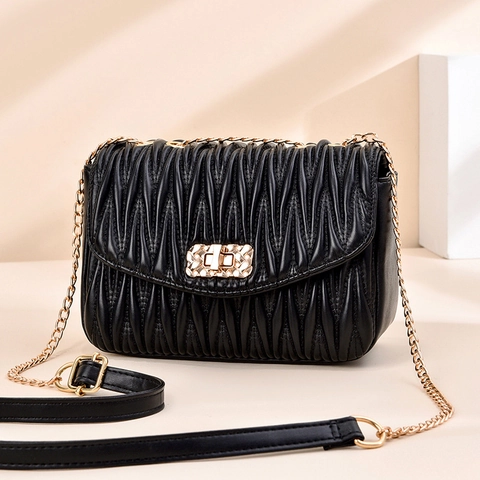 Plissierte PU Leder Umhängetasche Mit Goldener Kette Matelasse Viereckige Schultertasche Für Damen Elegant Vielseitig